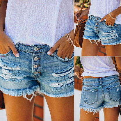 Short en denim taille haute bords effilochés femme