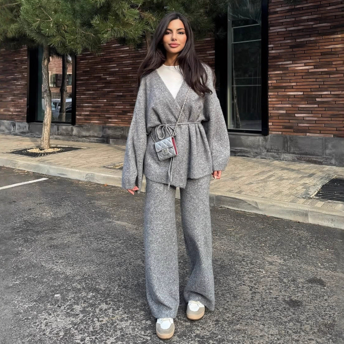 Ensemble 2 pièces femme pull col V côtelé et pantalon large décontracté