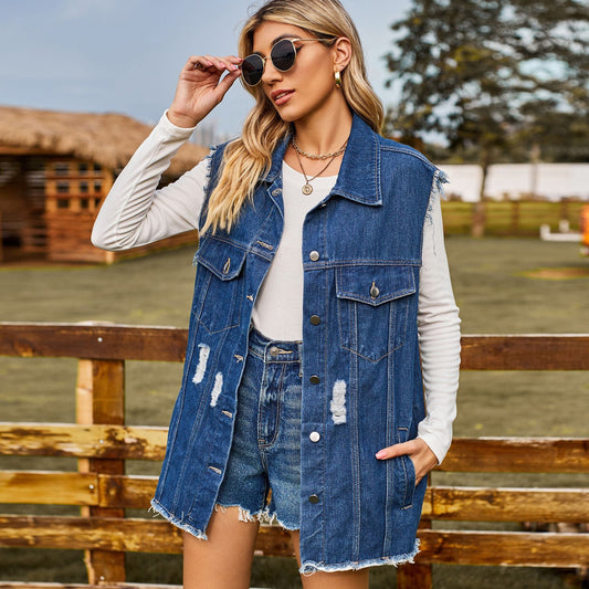 Veste en denim pour femmes au coupe décontracté avec franges et poches pratiques Chic und Stil-Jeans Outfit-PARIS FEMME