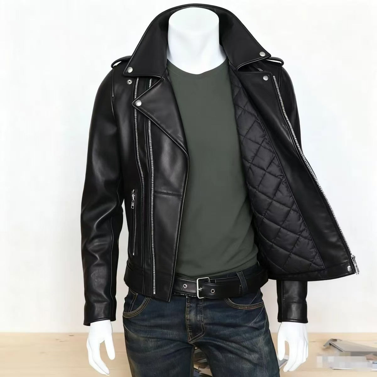 Veste moto homme col revers multi zips style biker