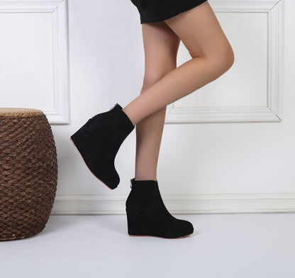 Bottines femme velours talon compensé bout pointu fermeture zip arrière