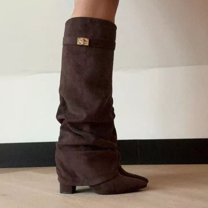 Bottes longues femme bout pointu talon bloc boucle métal tige haute froncée