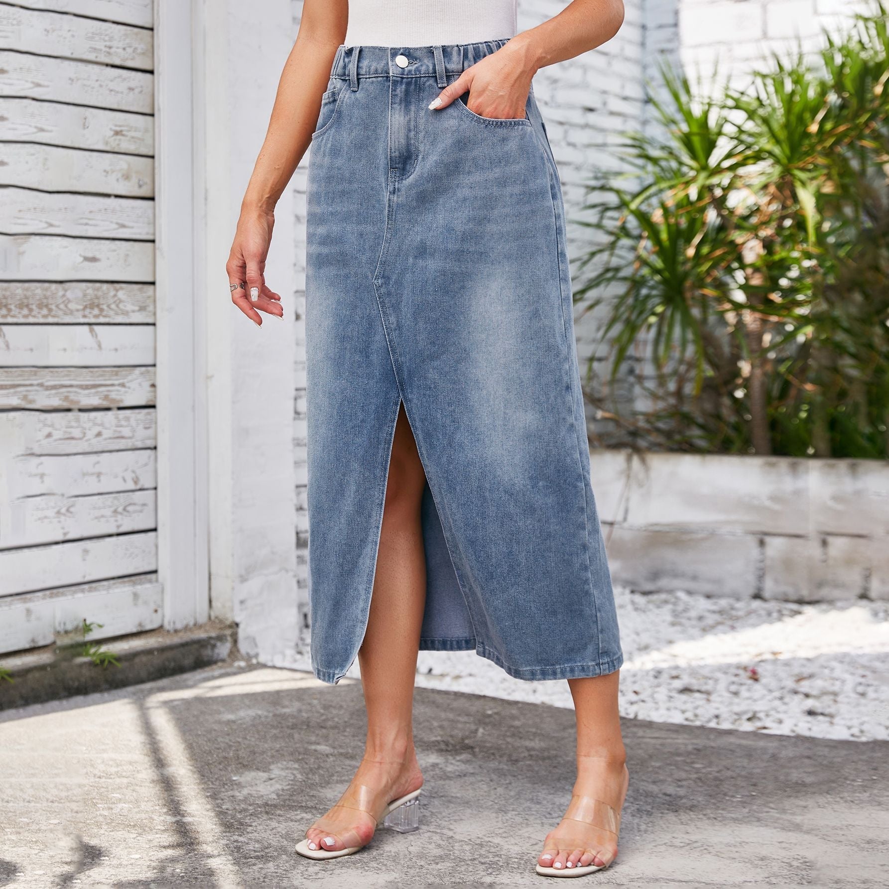 Jupe maxi pour femmes avec fente latérale et taille élastique Chic und Stil-Short en jean-PARIS FEMME