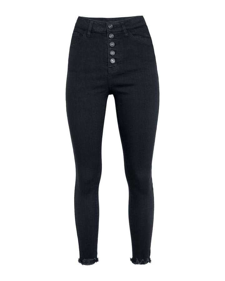 Jeans taille haute pour femmes au coupe moderne avec détail de bouton et ourlet effiloché Chic und Stil-Jeans-PARIS FEMME