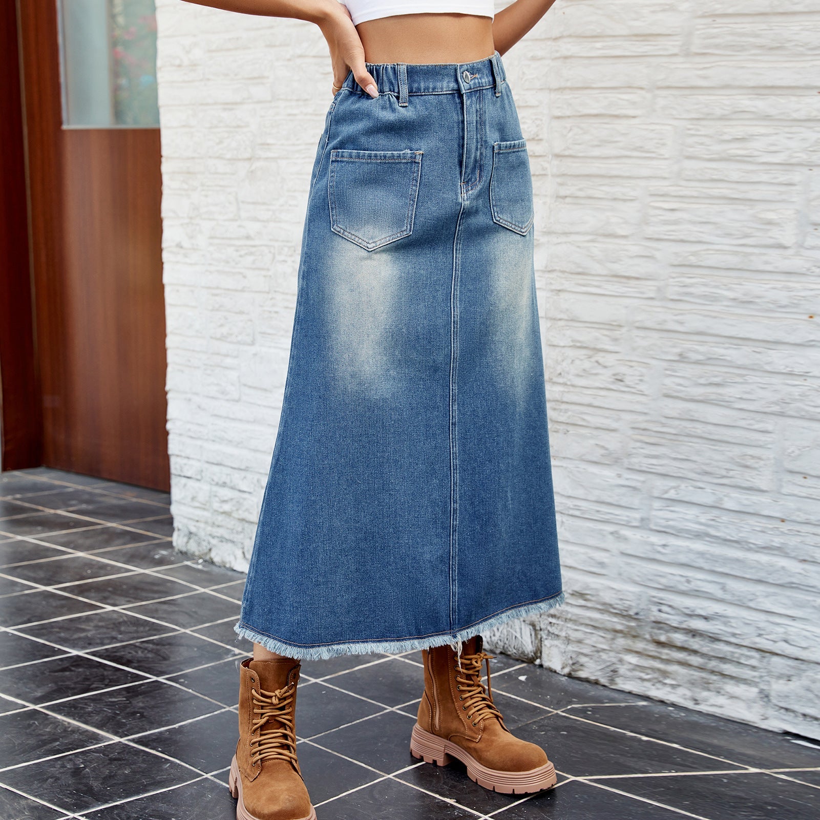 Jupe maxi en denim pour femmes avec taille élastique et poches pratiques Chic und Stil-Short en jean-PARIS FEMME