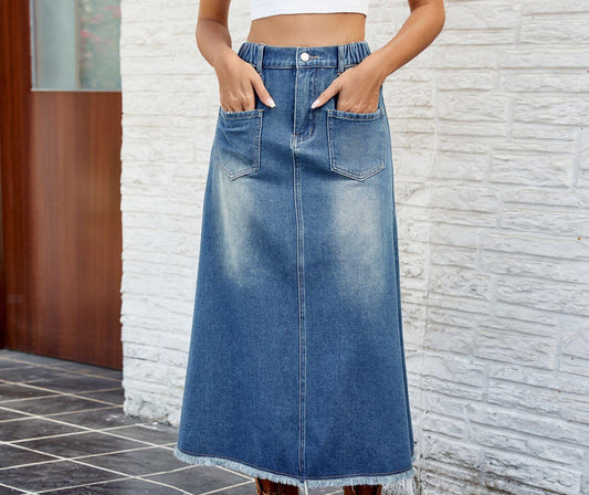 Jupe maxi en denim pour femmes avec taille élastique et poches pratiques Chic und Stil-Short en jean-PARIS FEMME