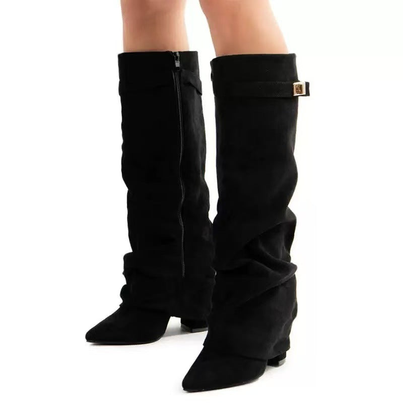 Bottes longues femme bout pointu talon bloc boucle métal tige haute froncée