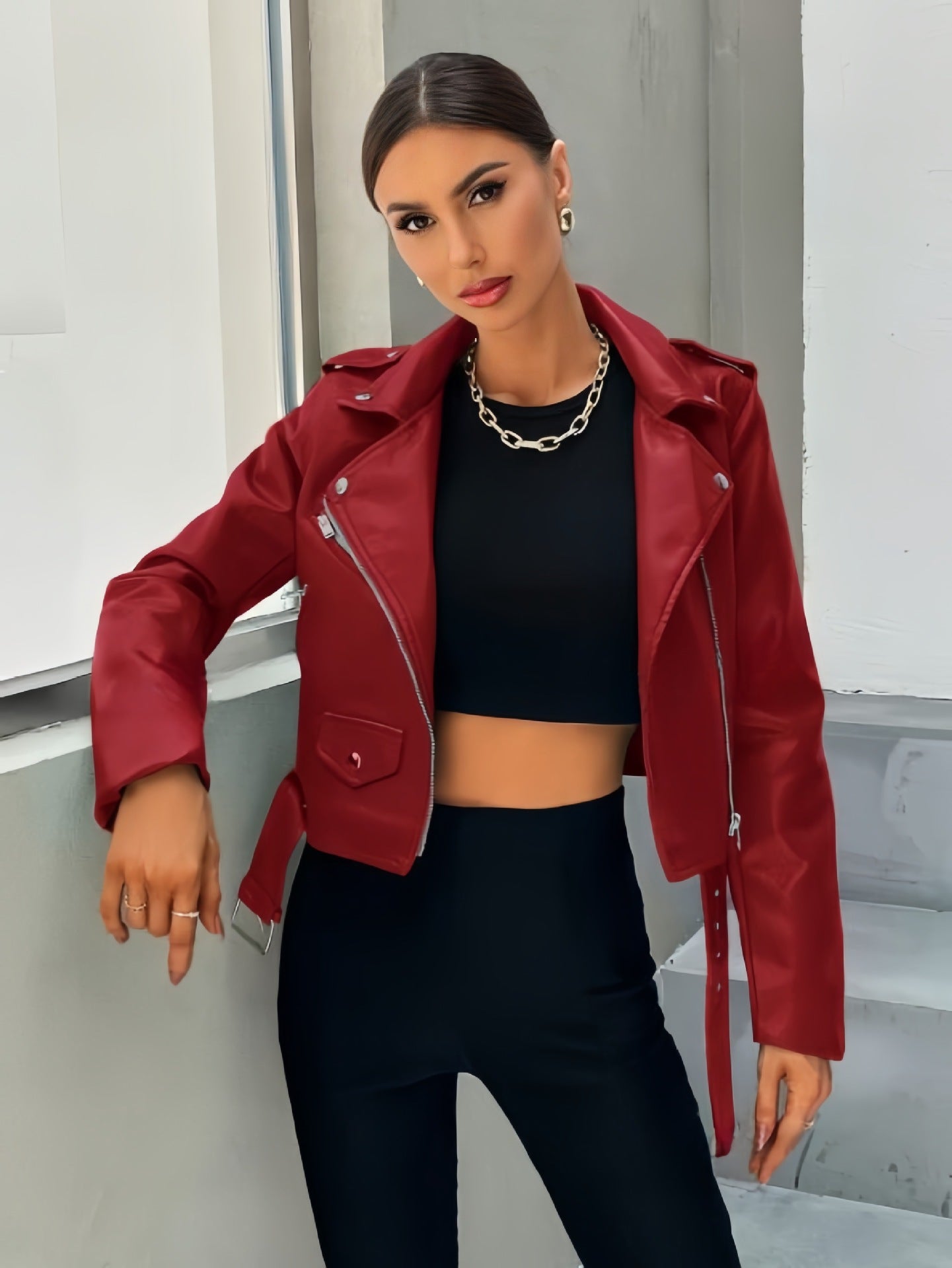 Veste motard femme cuir synthétique | Coupe courte, fermeture asymétrique