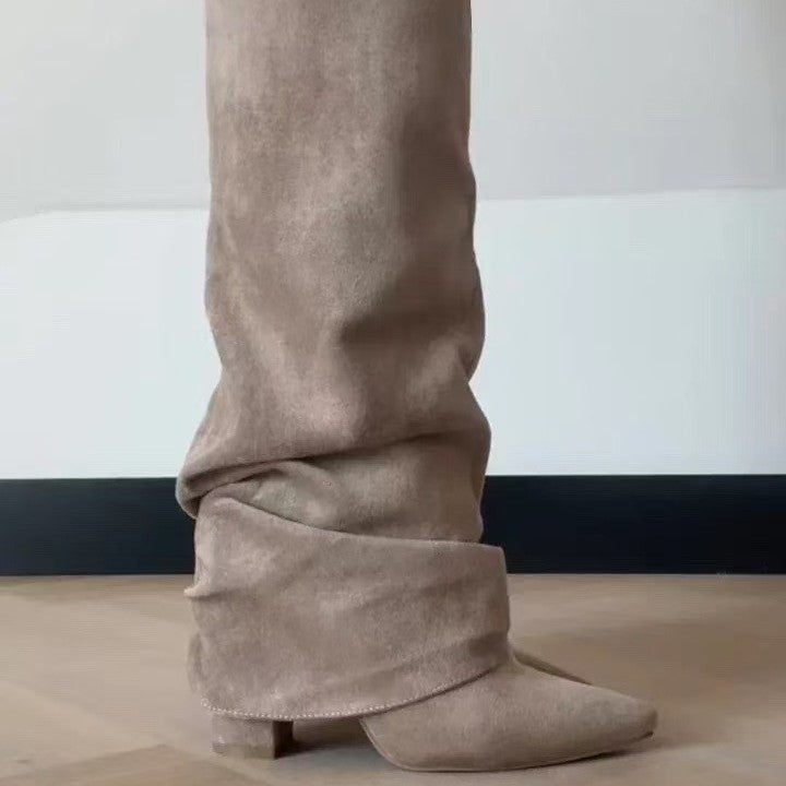Bottes longues femme bout pointu talon bloc boucle métal tige haute froncée