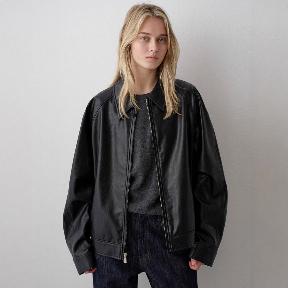 Veste en cuir souple femme | Design minimaliste, col montant | Agneau noir