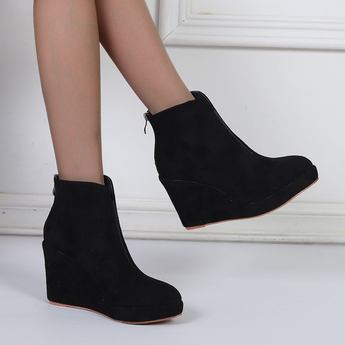 Bottines femme velours talon compensé bout pointu fermeture zip arrière
