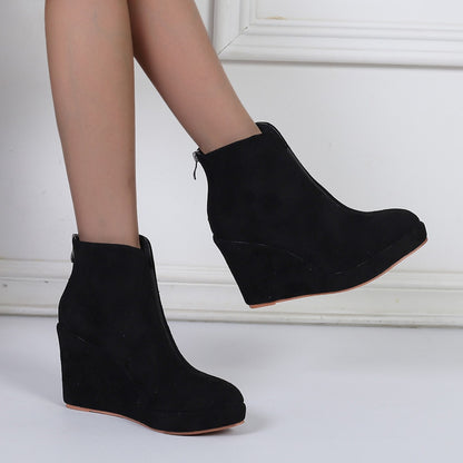 Bottines femme velours talon compensé bout pointu fermeture zip arrière
