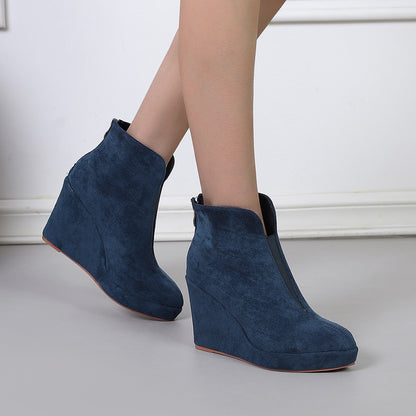 Bottines femme velours talon compensé bout pointu fermeture zip arrière