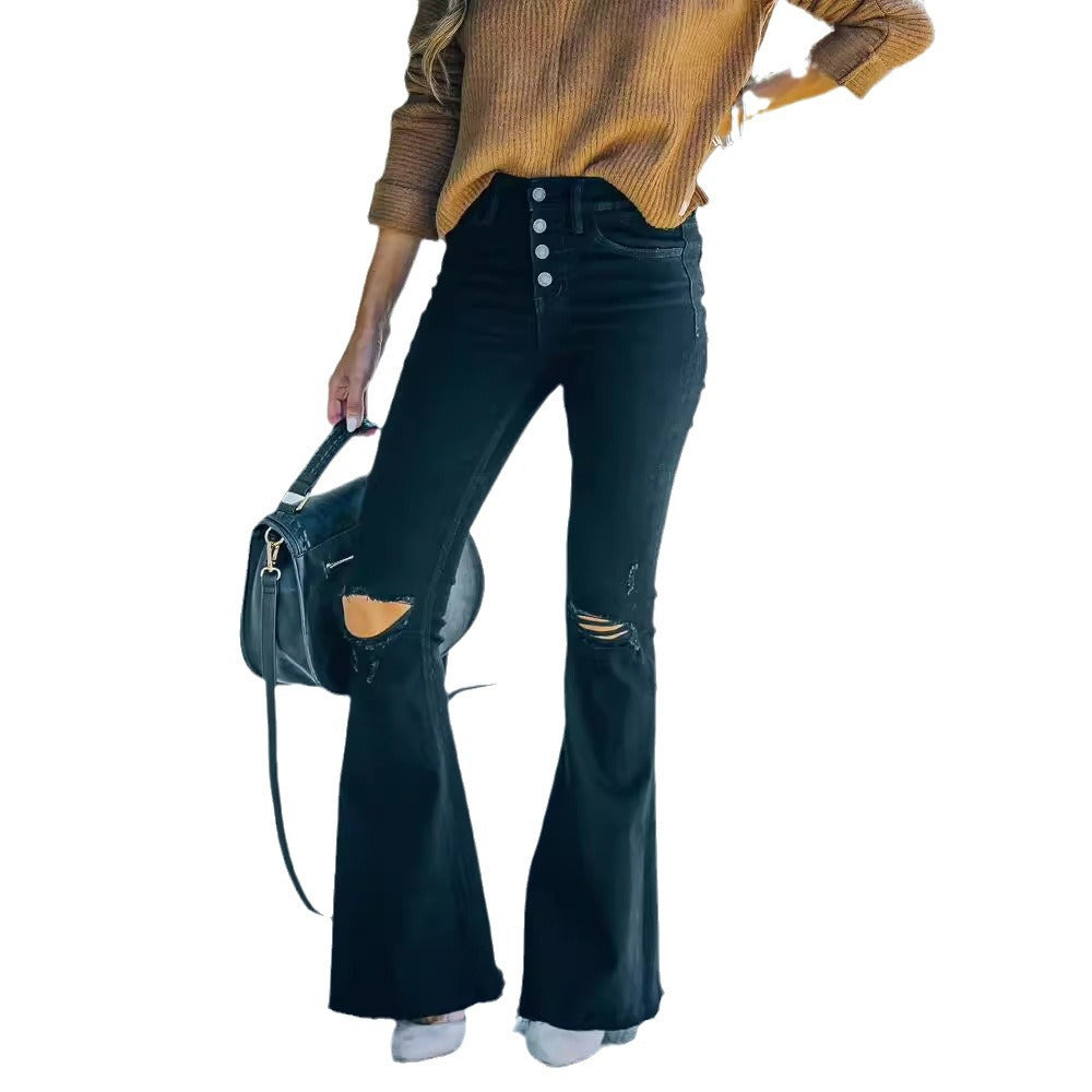 Jeans évasés pour femmes avec des détails déchirés et taille haute Chic und Stil-Jeans-PARIS FEMME