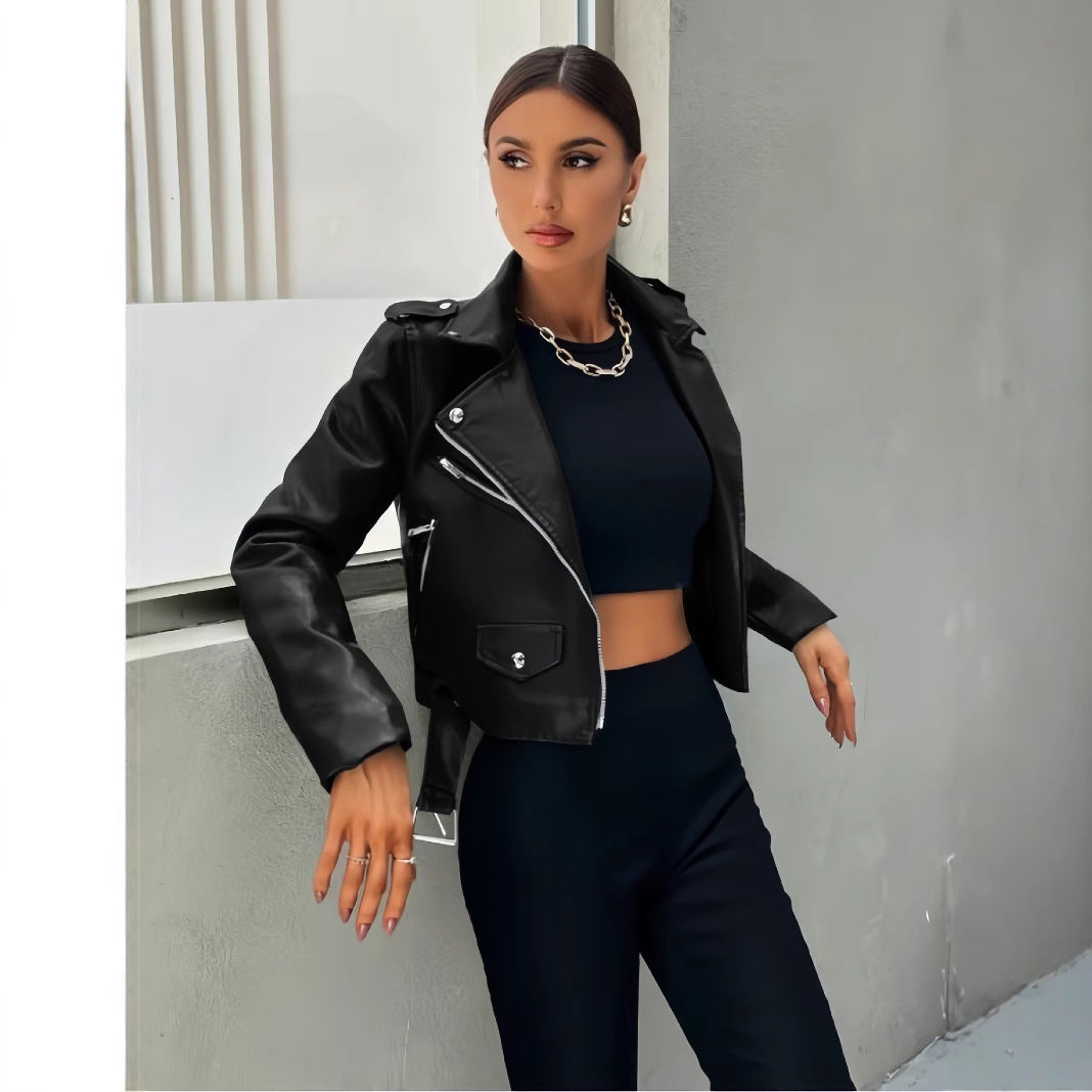 Veste motard femme cuir synthétique | Coupe courte, fermeture asymétrique