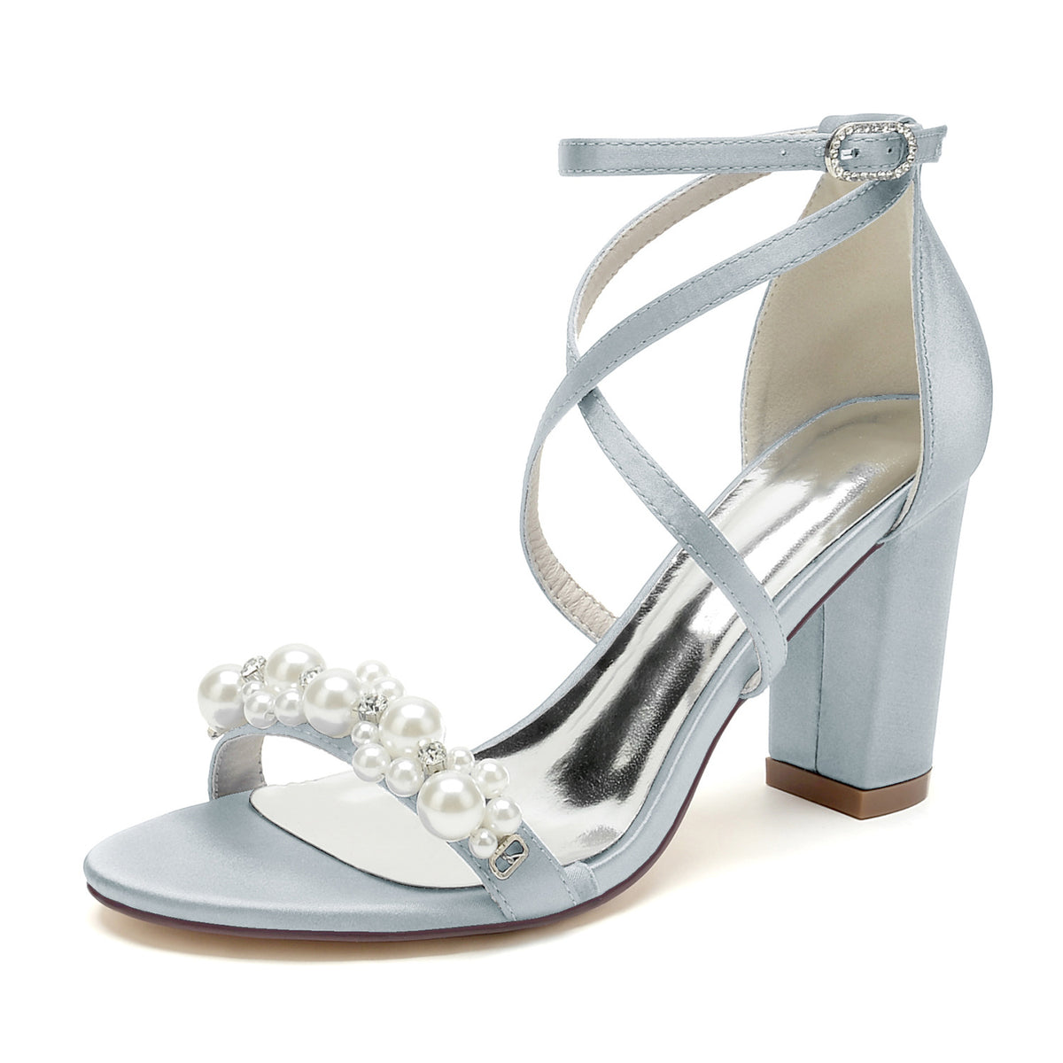 Sandales mariage ivoire strass perles talon carré bout rond bride poignet