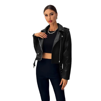 Veste motard femme cuir synthétique | Coupe courte, fermeture asymétrique