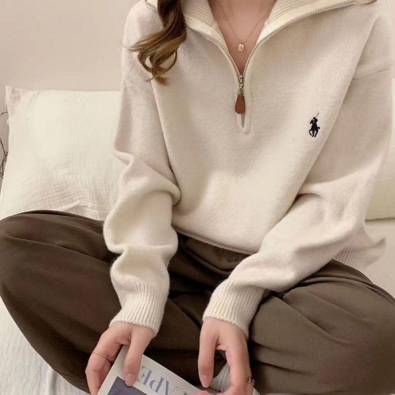 Pull femme col montant demi-zippé tricoté oversize maille douce