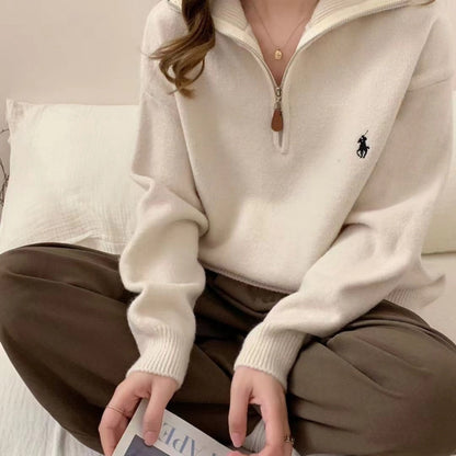 Pull femme col montant demi-zippé tricoté oversize maille douce