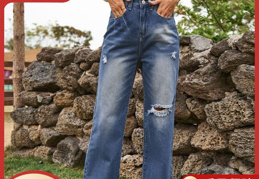 Femme Jeans taille haute avec détails déchirés et jambe large Chic und Stil-Jeans-PARIS FEMME