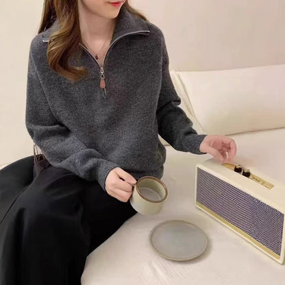 Pull femme col montant demi-zippé tricoté oversize maille douce