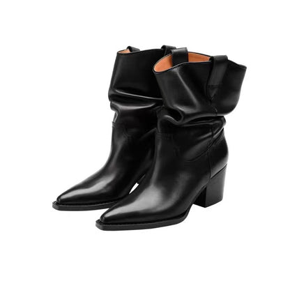 Bottes western femme suède bout pointu talon carré col en V froncées mi-mollet