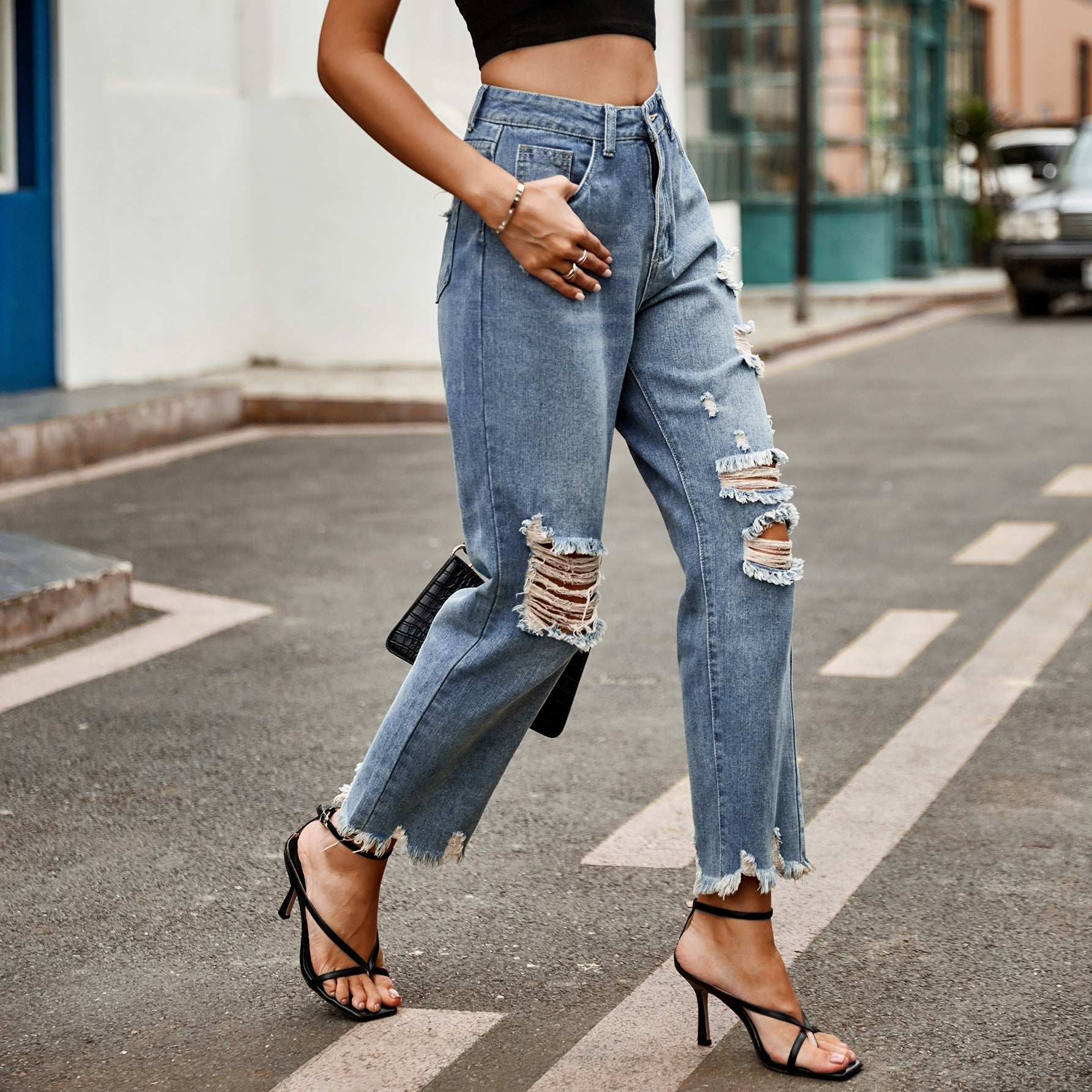 Jeans détruites taille haute pour femmes, en coupe boyfriend moderne, Chic und Stil-Jeans-PARIS FEMME