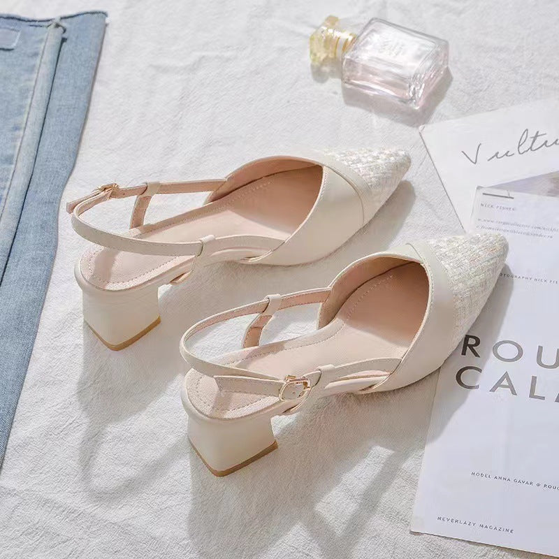 Escarpins slingback talon bloc femme bout pointu coloris abricot et blanc cassé