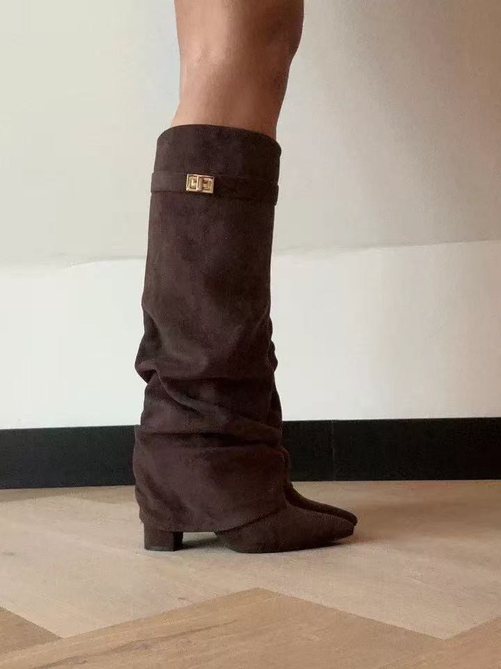 Bottes longues femme bout pointu talon bloc boucle métal tige haute froncée