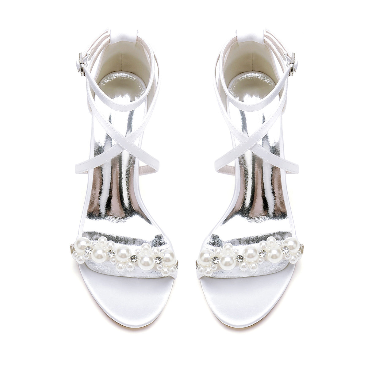 Sandales mariage ivoire strass perles talon carré bout rond bride poignet