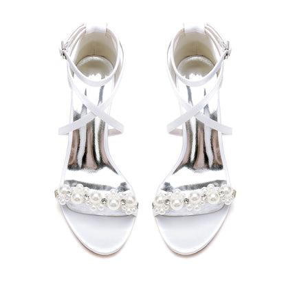 Sandales mariage ivoire strass perles talon carré bout rond bride poignet