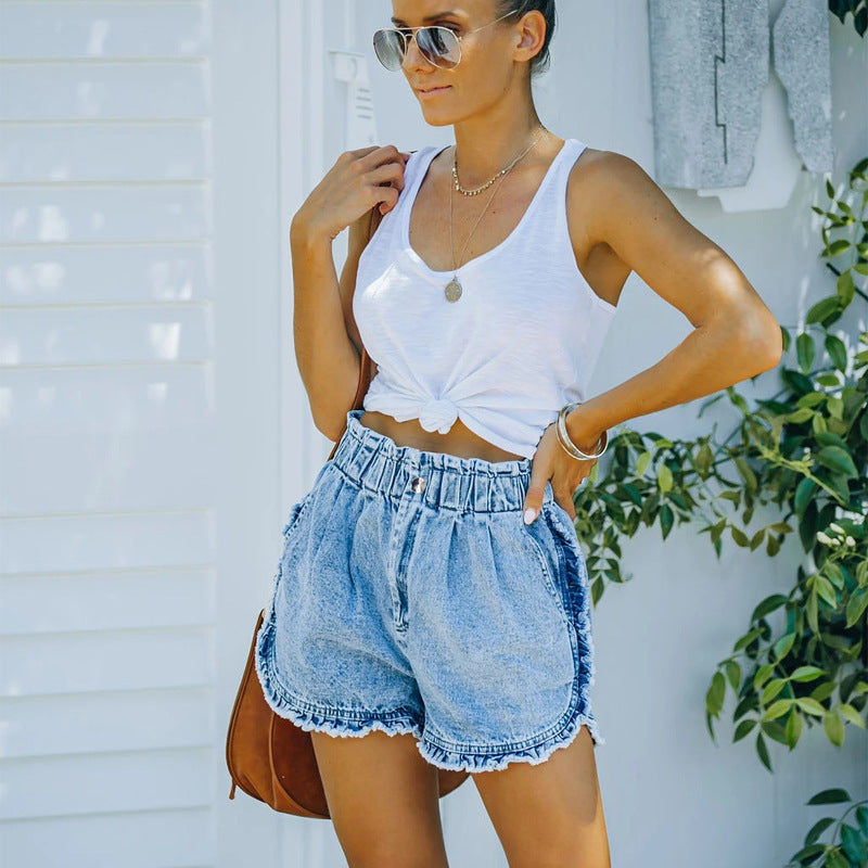 Shorts en jean pour femmes avec ourlet effiloché et ceinture élastique Chic und Stil-Short en jean-PARIS FEMME