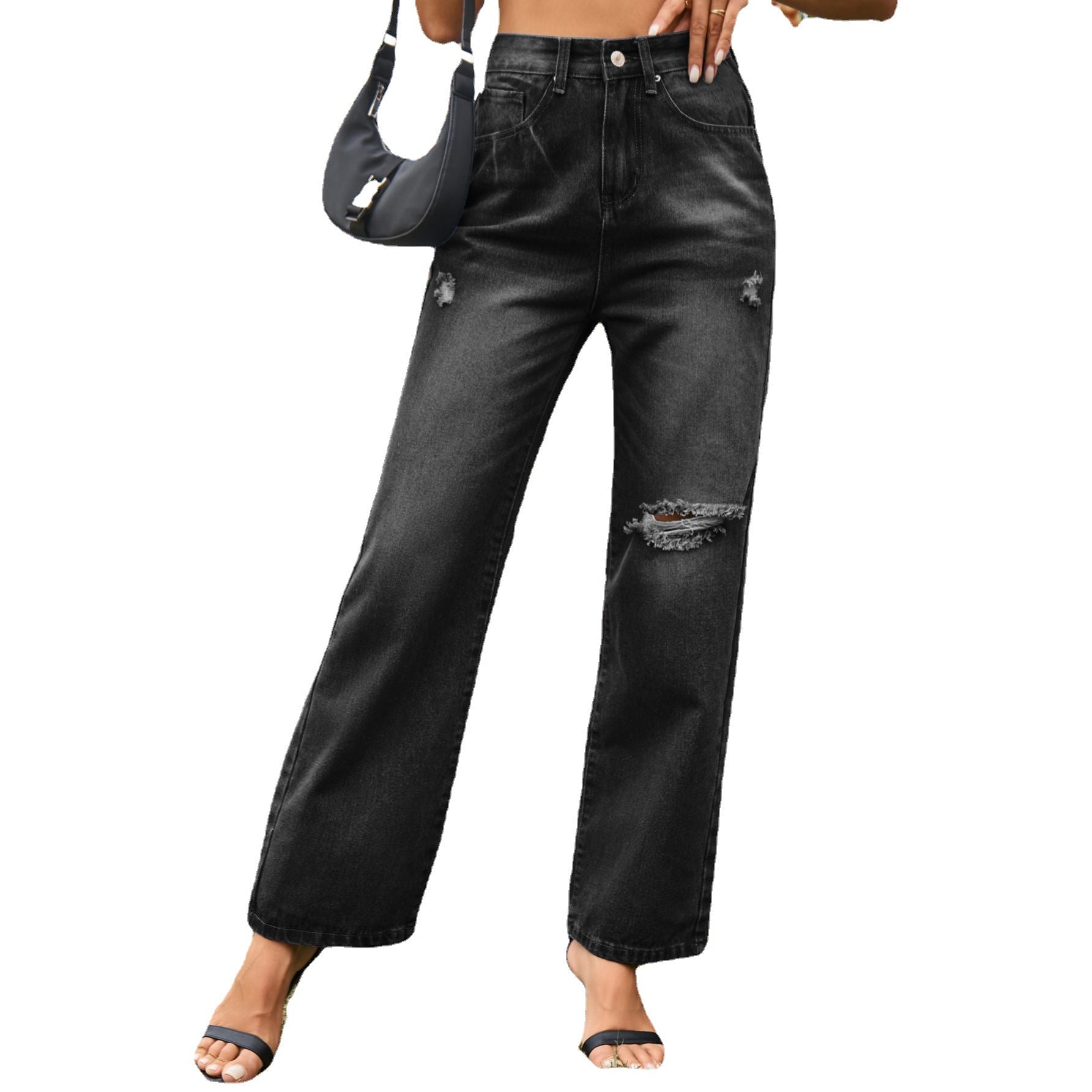 Femme Jeans taille haute avec détails déchirés et jambe large Chic und Stil-Jeans-PARIS FEMME