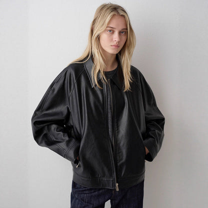 Veste en cuir souple femme | Design minimaliste, col montant | Agneau noir