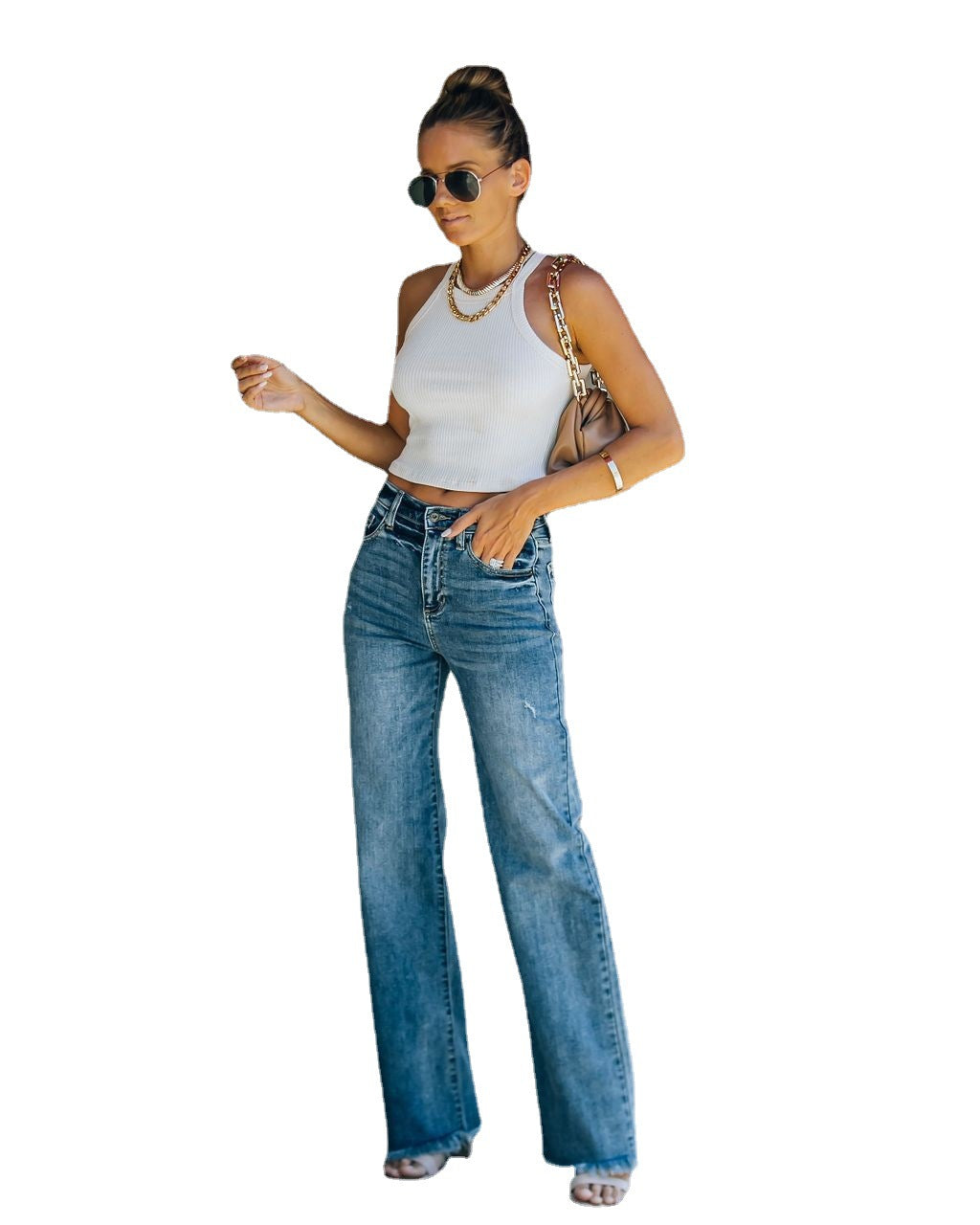 Jeans évasés pour femmes avec ourlet effiloché et taille haute Chic und Stil-Jeans-PARIS FEMME