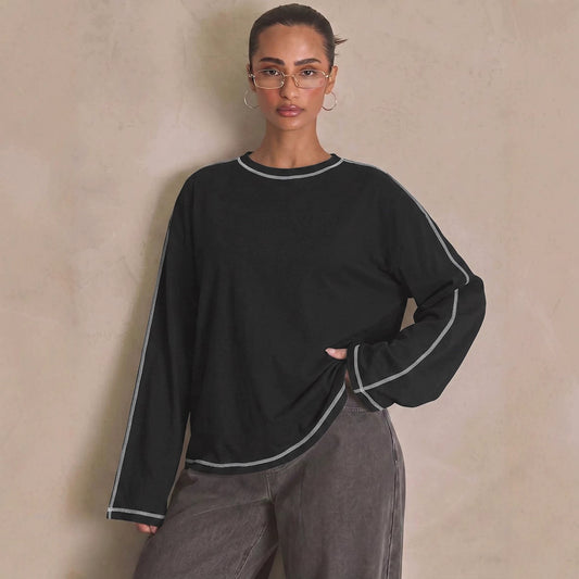 Sweatshirt femme col rond oversize bicolore manches longues automne