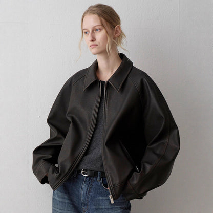 Veste en cuir souple femme | Design minimaliste, col montant | Agneau noir