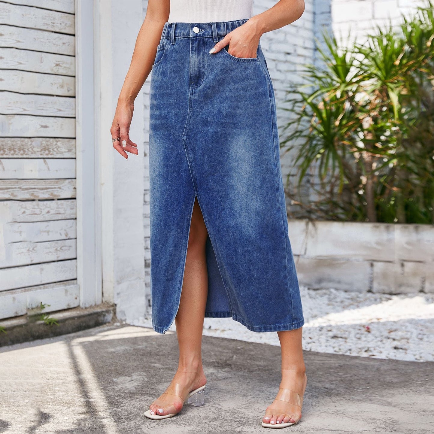 Jupe maxi pour femmes avec fente latérale et taille élastique Chic und Stil-Short en jean-PARIS FEMME