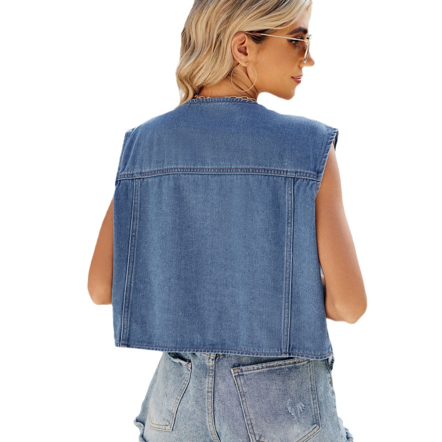 Dame Gilet en denim avec décolleté en V profond et poches pratiques Chic und Stil-Jeans Outfit-PARIS FEMME