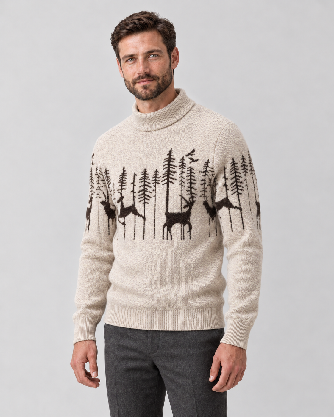 Pull de noël homme jacquard renne avec col montant et motif sapin