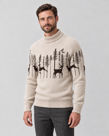 Pull de noël homme jacquard renne avec col montant et motif sapin