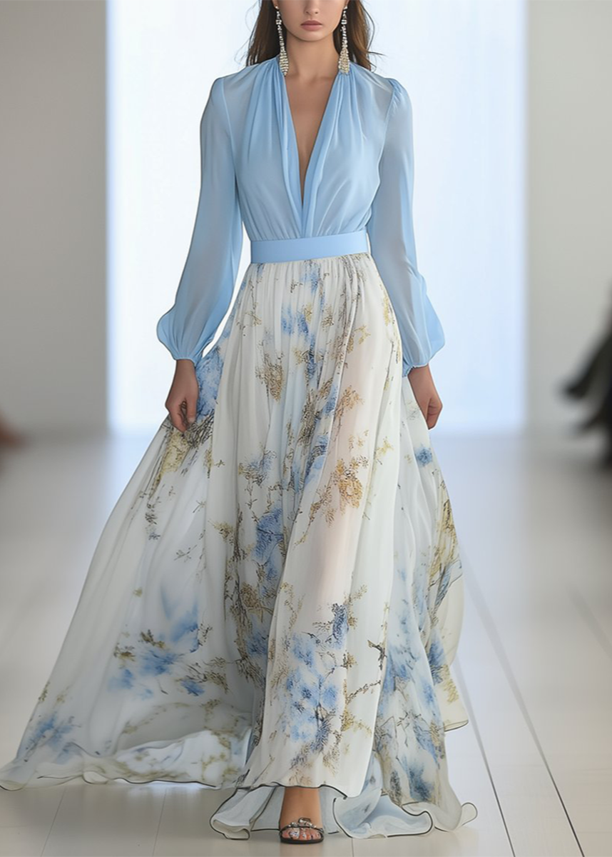 Robe de soirée maxi - décolleté en V - bas fleuri