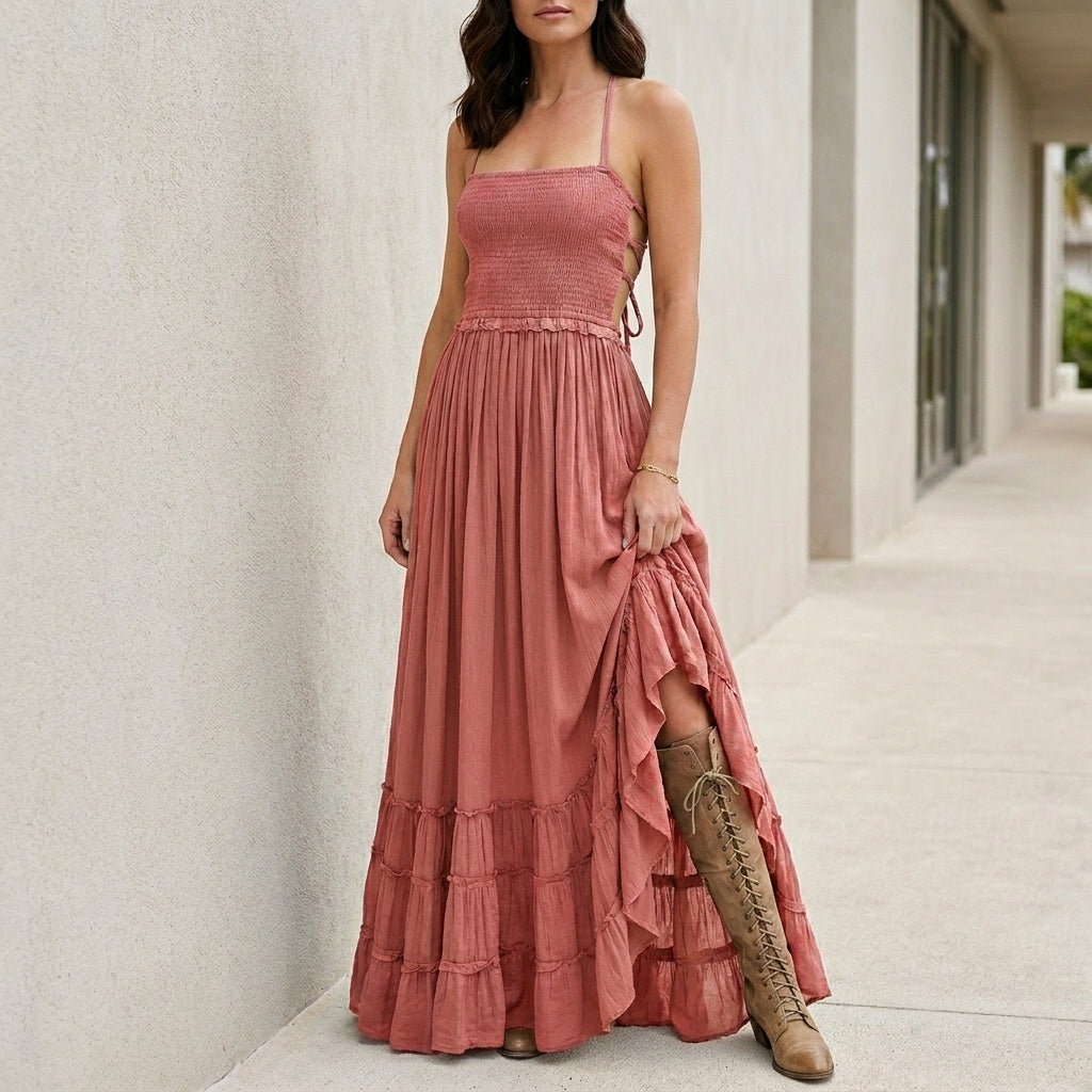 Robe Maxi | Dos Ouvert, Smocké | Style Bohème Estival