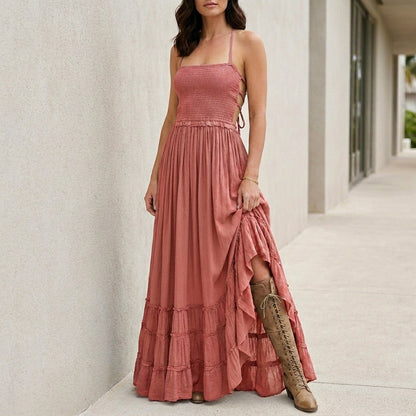 Robe Maxi | Dos Ouvert, Smocké | Style Bohème Estival