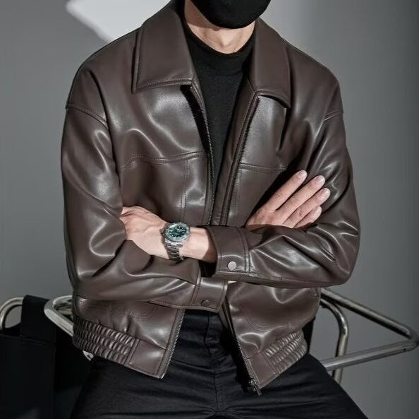 Veste en cuir homme slim fit col droit avec fermeture zippée