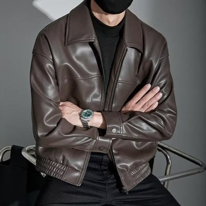 Veste en cuir homme slim fit col droit avec fermeture zippée