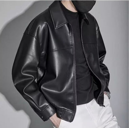 Veste en cuir homme slim fit col droit avec fermeture zippée