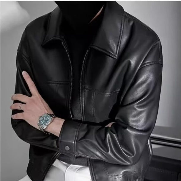 Veste en cuir homme slim fit col droit avec fermeture zippée