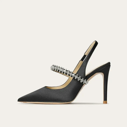 Escarpins slingback satin bout pointu talon aiguille avec bride strass