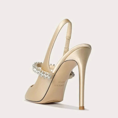 Escarpins slingback satin bout pointu talon aiguille avec bride strass